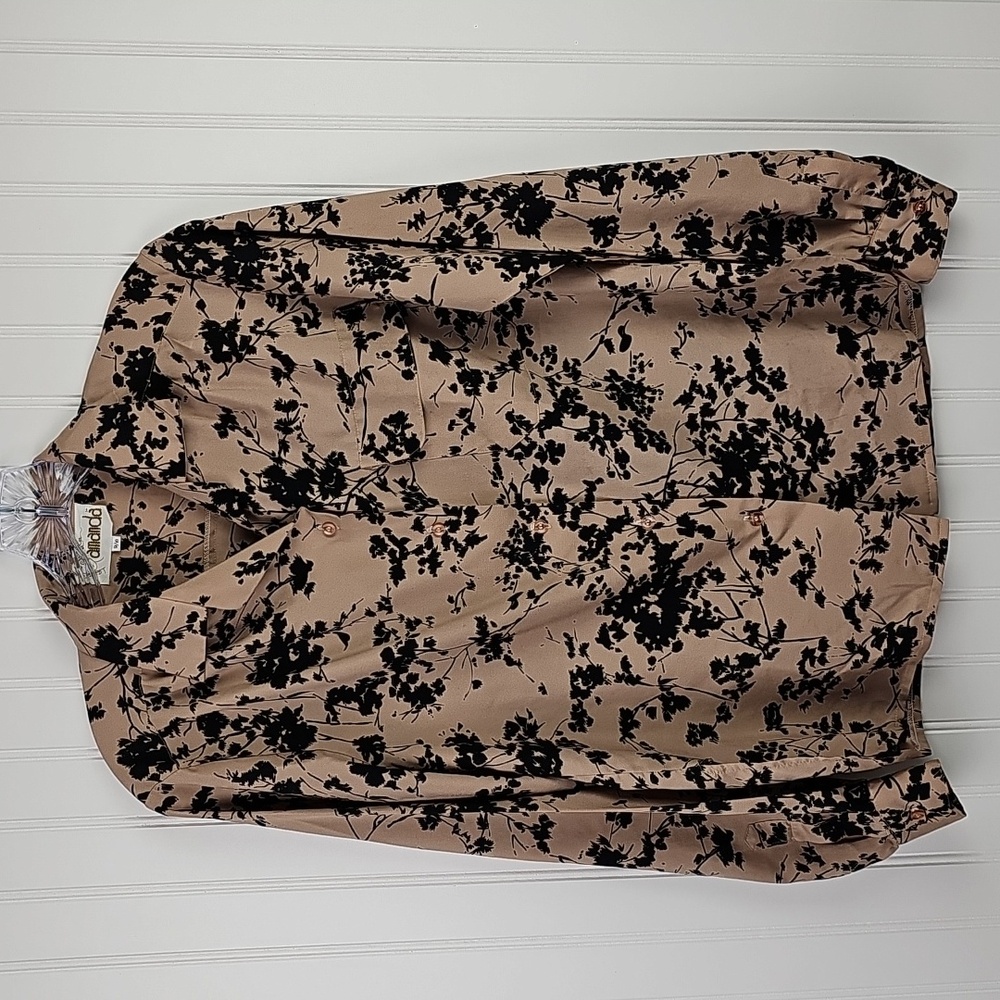 Tan Black Floral Button Blouse Size 9/10